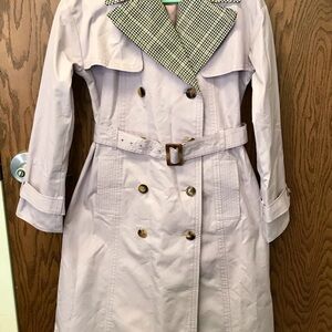 Kate Spade double breasted long trench coat with plaid collar- NWOT Sz XXS